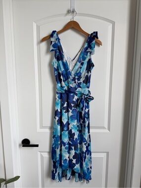DKNY Blue Watercolor Floral Wrap Top Midi Dress
